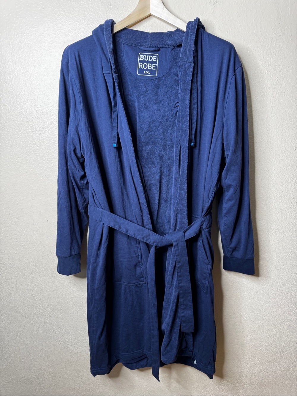 Dude Robe Mens L/XL Blue Hooded Bathrobe Cotton Blend Belted Pockets